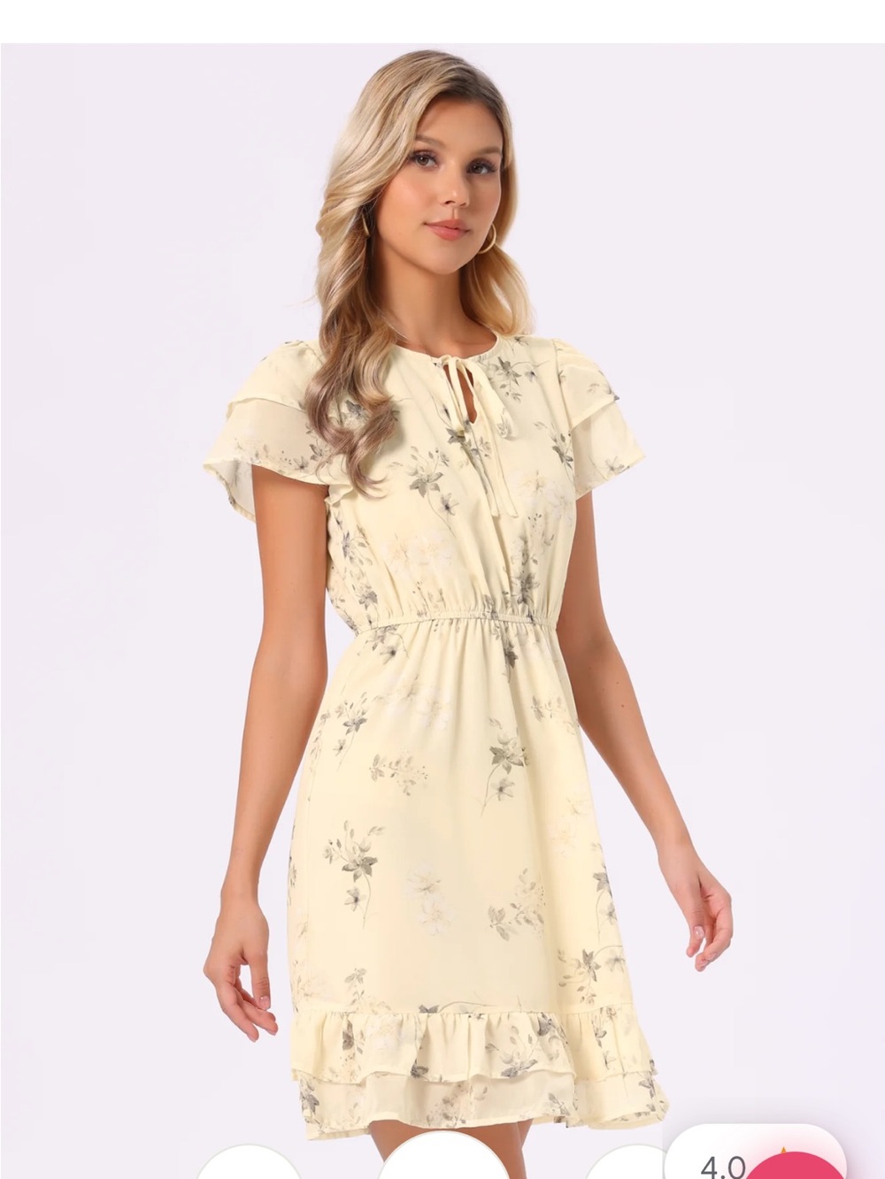 Allegra K Cream Floral Tie-Neck Ruffle Dress
